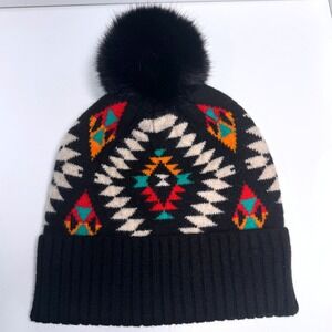 CC Beanie Women Aztec Black Red Teal Geometric Fur Pom Winter Warm Hat Western
